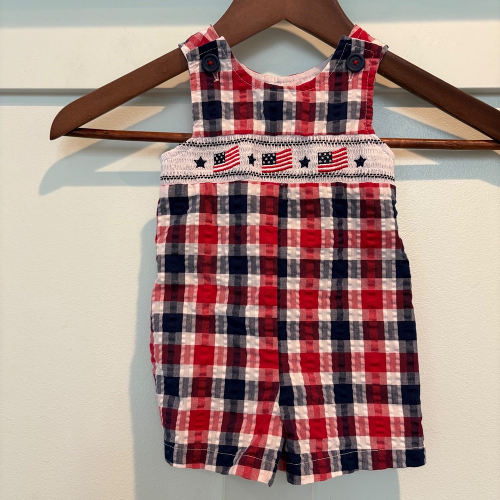 Good Lad Romper‎ Baby 3-6M Red White Blue Plaid Smocked Flag 4th July Americana